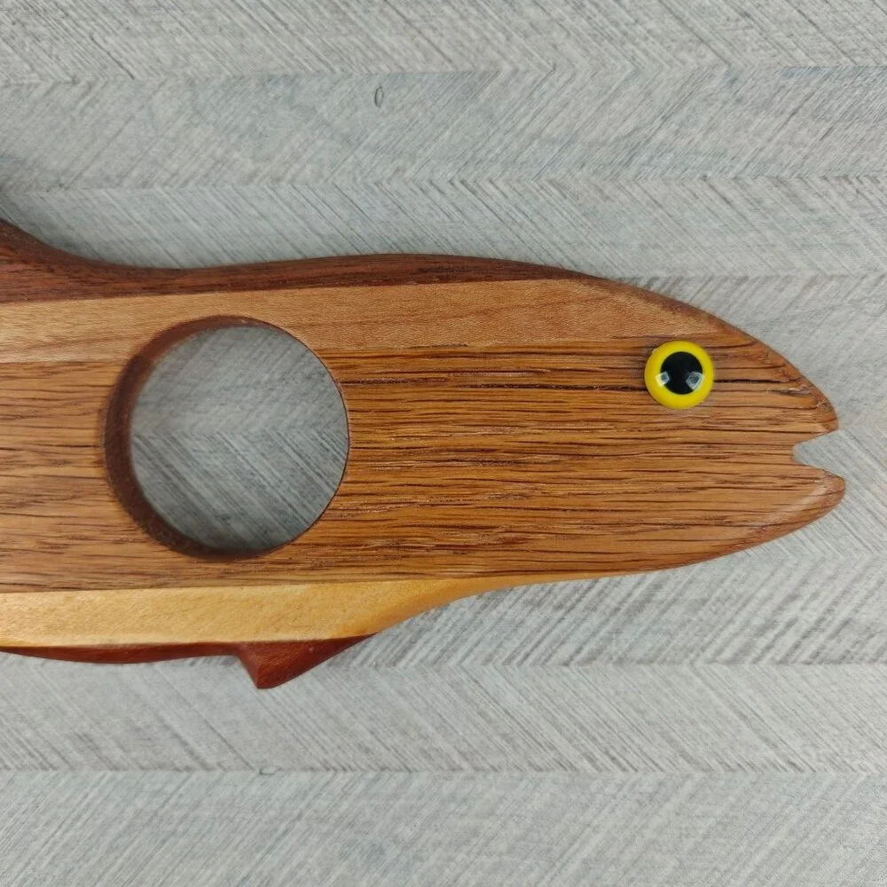 Handmade Wooden Fish Wine Bottle Holder Nautical Bar Decor Artist Signed